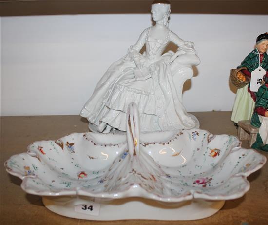 Sitzendorf porcelain figure of a lady and a porcelain hors doeuvre dish